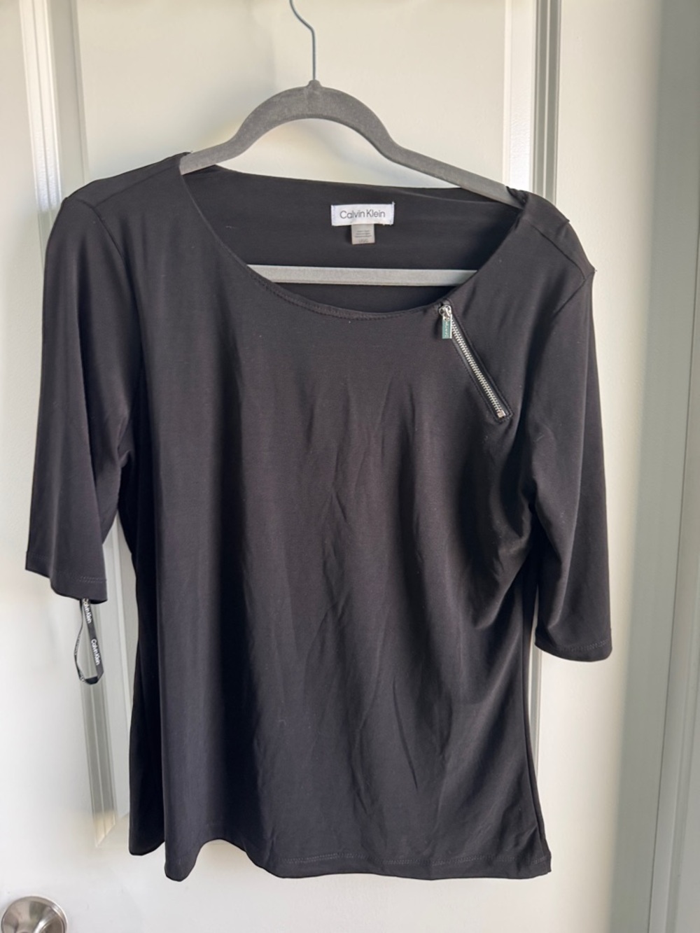 Calvin Klein Black Short Sleeve Top with Asymmetric Zip